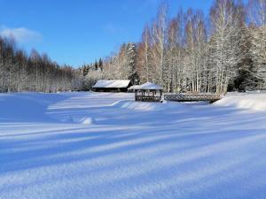 a snow covered field with a gazebo and trees at Holiday home Migliņas in Kaugurmuiza