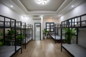 ブンタウにあるVungtau Surf Hostelの複数の二段ベッドが備わる客室です。