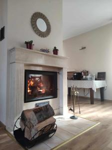 a fireplace in a living room with a fire place at Dworek Cieszków in Cieszków