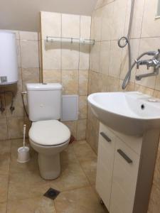 uma casa de banho com um WC e um lavatório em Апартамент Плевен em Pleven
