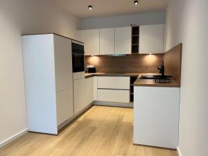 a kitchen with white cabinets and a counter top at Heide-Liebe in Soltau