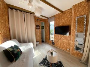 Habitación con cama, espejo y TV. en "Bungalow By Saeto" Hébergement privé chez l'habitant, en Saint-Paul