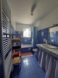 a blue bathroom with a sink and a toilet at Maison 12 pers, Le Phare - 300 mètres des plages in La Tranche-sur-Mer
