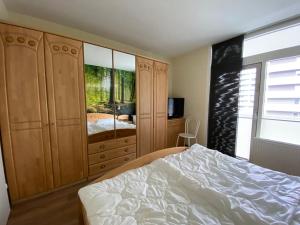 a bedroom with a bed and wooden cabinets and a window at Gaber in Bad Harzburg +4 photos