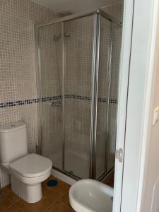 y baño con ducha, aseo y lavamanos. en Apartamento con vistas al mar Urb Puerto Azul B5, en Cedeira