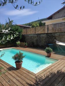 uma piscina num deque de madeira com vasos de plantas em La Voûte du Pilat & options SPA, massage em Saint-Chamond