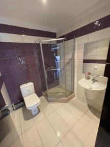 ein Bad mit einem WC, einer Dusche und einem Waschbecken in der Unterkunft Appartement de luxe sécurisée, calm, privée avec piscine in El Jadida