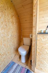 a bathroom with a toilet in a wooden cabin at Czill Beczki in Mucharz