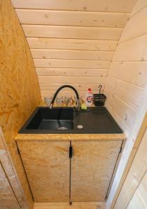 a kitchen with a sink in a tiny house at Czill Beczki in Mucharz