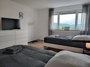 - une chambre avec 2 lits, une télévision et une fenêtre dans l'établissement Chic Apartment with balcony, à Bad König