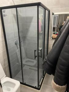 a bathroom with a glass shower with a toilet at Alban Apartment in Tirana