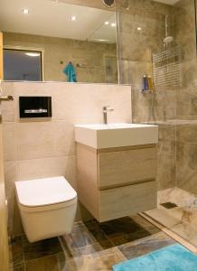 a bathroom with a sink and a toilet and a shower at GOLIATH in Leukerbad