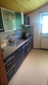 eine Küche mit grauen Schränken, einem Waschbecken und einem Fenster in der Unterkunft Landhaus Müller in Jungholz