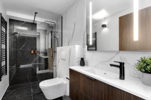 a bathroom with a sink and a toilet and a shower at ALVA Apartments in Reykjavík