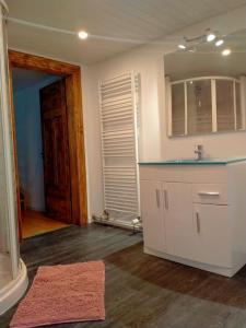 uma cozinha com um lavatório e uma bancada em La Casa de Pimpele em Saint-Martin