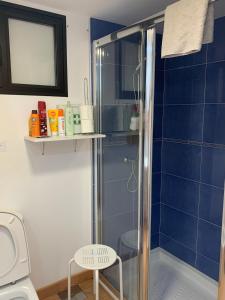 a bathroom with a shower with a toilet and a stool at Apartamento con encanto en la playa frente al mar "Posada Rent House" in Puerto del Rosario +49 photos