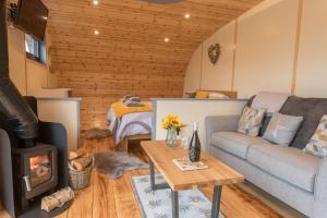 a living room with a couch and a wood stove at Fern - Beacon View Pods in Knighton