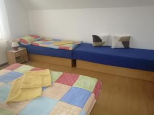 two twin beds in a room withthritisthritisthritisthritisthritisthritisthritisthritisthritis at Domček u Vojta in Habovka