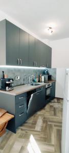 cocina con armarios azules y encimera en Mountain Pearls Home 8 en Vodata