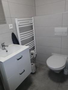 a white bathroom with a toilet and a sink at Domček u Vojta in Habovka