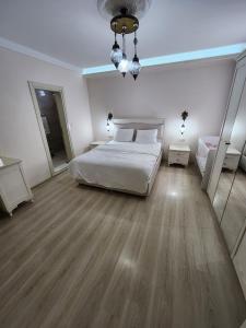 トラブゾンにあるEsa Suite Hotelの広いベッドルーム(ベッド1台、鏡付)