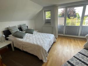 a bedroom with a bed and two windows at Behagliches Haus mit Kamin in Monschau