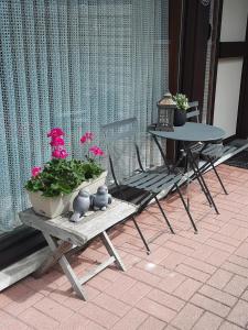 uma mesa com uma planta em vasos ao lado de uma mesa com um pátio em Logies Lily em Oudenburg