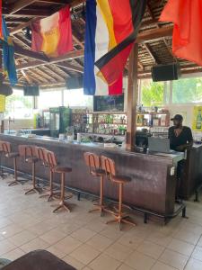 a bar with chairs and a person sitting at a counter at Santorini Camping & Hostel in Fira