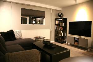 sala de estar con sofá y TV de pantalla plana en Spacious & refurbished 1 bedroom apartment in suburban Reykjavik, en Garðabær
