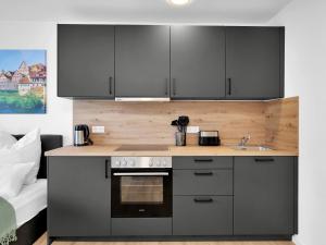 Il comprend une cuisine équipée d'un évier et d'une cuisinière. dans l'établissement INhome Studio Apartment - Küche - Parken - TV, à Schwäbisch Hall