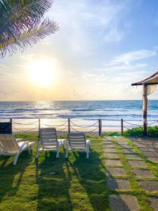 two chairs sitting on the grass near the ocean at Porto Paraiso Hostel in Porto De Galinhas