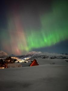 un'immagine dell'aurora nel cielo sopra una tenda di Solsetra - Mountain Majesty Family Log Cabin a Hovden