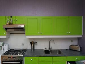 a kitchen with green cabinets and a sink at family house, free parking, 15min. walk to city in Bruges