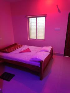 1 dormitorio con 1 cama en una habitación rosa en Hotel Dream Light ! Puri, en Puri