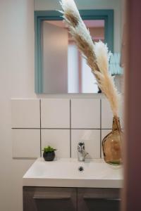 La salle de bains est pourvue d'un lavabo avec un vase et un miroir. dans l'établissement Le Viotte - Unique ! 3 logements disponibles, à Besançon