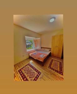 een kamer met een houten tafel en twee tapijten bij The Blue Eye in Vusanje