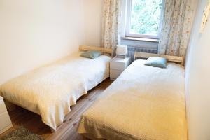 two beds in a small room with a window at Zielona Zagroda Agnieszka Połeć in Poświętne