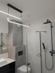 a bathroom with a shower and a toilet and a sink at Apartament Aleje Józefa Piłsudskiego in Nowy Sącz