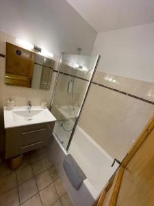 La salle de bains est pourvue d'une douche et d'un lavabo. dans l'établissement Haut Doubs Belvédère, à Les Hôpitaux-Neufs