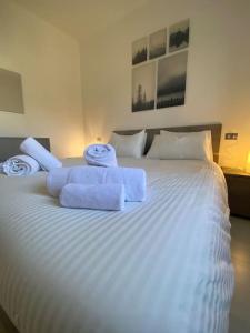 a white bed with two towels on top of it at Dimora Sofia in Rovetta