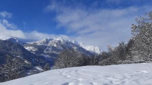 une montagne enneigée au loin avec des arbres enneigés dans l'établissement Appartement Montagnard Serre-Chevalier., à Saint-Chaffrey 4 autres photos