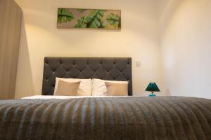 a bedroom with a bed with a black headboard at The Eden Suite in Accra +19 photos