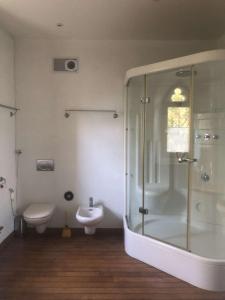 W łazience znajduje się prysznic, toaleta i umywalka. w obiekcie Château De Montpon - Grand logement w mieście Saint-Sylvestre