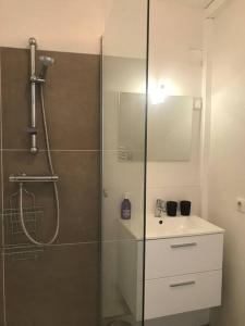 a bathroom with a shower and a sink at emplacement idéal, vue mer, parking offert in Sanary-sur-Mer