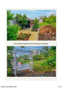 a collage of two pictures of a garden with a bench at The Lilly Pad in Nashik