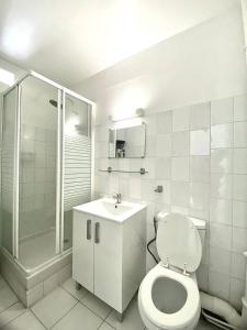y baño con aseo, ducha y lavamanos. en Apt T1,bien situé Anse Mitan Trois Ilets, en Les Trois-Îlets