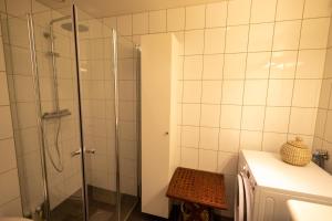 Un baño con ducha con puerta de cristal. en Leilighet Damsgård , nær sentrum, en Bergen