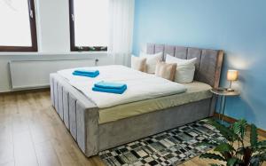 ein Schlafzimmer mit einem Bett mit zwei blauen Kissen darauf in der Unterkunft Die ideale Wohnung in Solingen