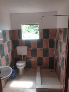 Casa Mãe - Inn في Principe: حمام مع مرحاض ومغسلة ونافذة