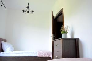 Łóżko lub łóżka w pokoju w obiekcie Apartamenty Wilcza Knieja